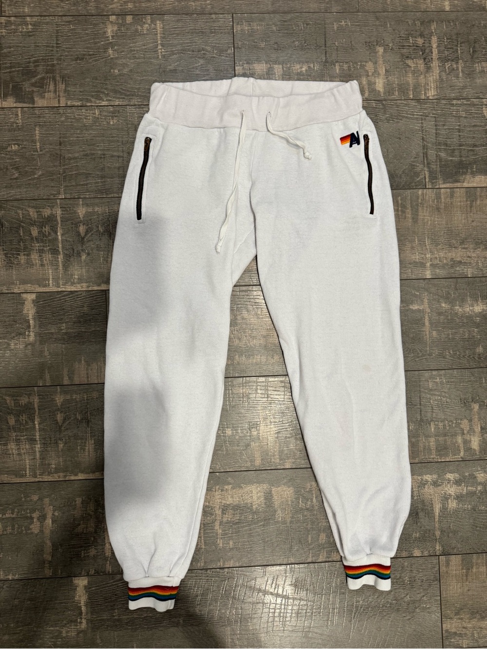 Aviator Nation White Track Joggers with Rainbow Cuff Trim